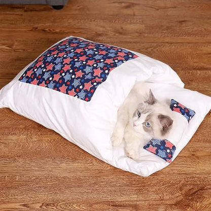 Yardwe Cozy Enclosed Cat House with Detachable Washable Cushion Navy Star Pattern L Size Indoor Nest for Kittens
