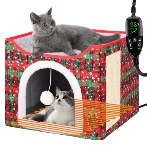 Heated Cat Bed for Indoor Cats, Foldable Cat House with Removable Heating Pad for Cats Small Dog Covered Cat Bed Cave Kitty Hideaway with with Scratch Pad, All Season Use