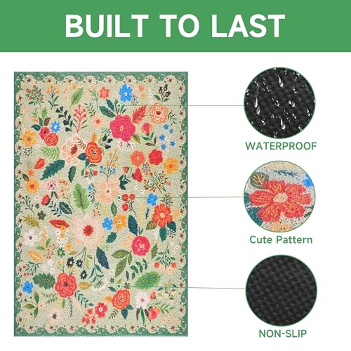 Cat Litter Mat, 35" x 23" Litter Box mat, Upgrade Non-Slip Kitty Litter mat, Traps 100% Litter, Soft on Kitty Paws, Easy Clean for Scatter Control, Bohe cat Food mat, Urine Waterproof - color: Green Garden, size: Large（35"x23"）