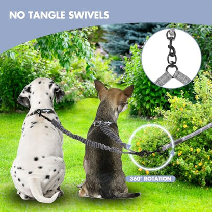BAOBOTE Pet Double Dog Leash, Shock Absorbing Reflective Bungee Lead Walk 2 Dogs with Ease, 360° Swivel No Tangle Double Dog Walking & Training Leash, Dual Dog Leashs for 6-120lbs Dogs (Grey) - color: Grey