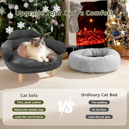Cat Sofa Furniture-Style Pet Bed with Removable Cotton Velvet Cover, Solid Pine Wood Legs, for Cats and Small Dogs, Gray - color: Gray