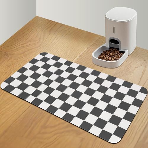 CooRug Checkered Dog Food Mat, Absorbent Leak-Proof Pet Feeding Mat, Quick Dry Cat Food Mat for Messy Drinkers 17" x 32" Black - color: Black, size: 17" x 32"