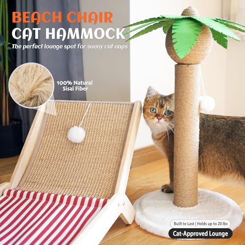 PETKARAY Beach Chair Cat Hammock, Elevated Cat Beds for Indoor Cats, Original Cozy Lounger with Sisal Scratcher and Toy Ball - color: Red