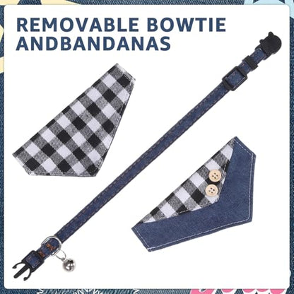 SCENEREAL Breakaway Cat Collar with Bell & Bandana, Cute Kitten Collar Suitable for Large Big Cats, Black Plaid - color: Black Plaid