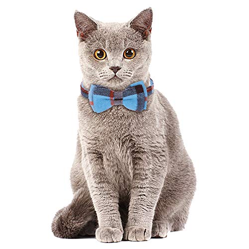 Faleela Breakaway Cat Collar with Bells - 2 Pack Cat Collar with Bells, Cat Collars with Bandana, Accessories for Pet Collars, Adjustable for Cats and Small Dogs - color: Blue bow+bandana