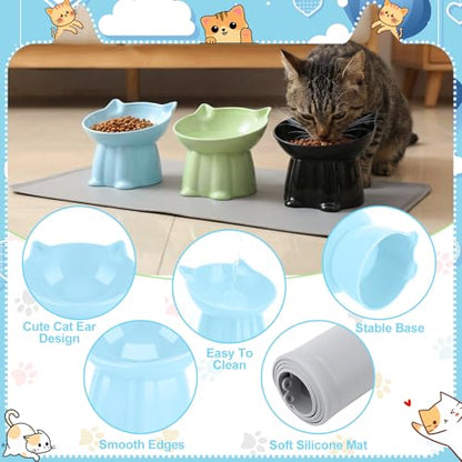 3 Pcs Elevated Cat Bowls 15°Raised Cat Food Bowl with Silicone Mat Whisker Friendly Anti Vomiting Cats Dishes Pet Food and Water Bowls for Indoor Cats Kittens Classic Blue, Black, Green Colors - color: Blue, Black, Green