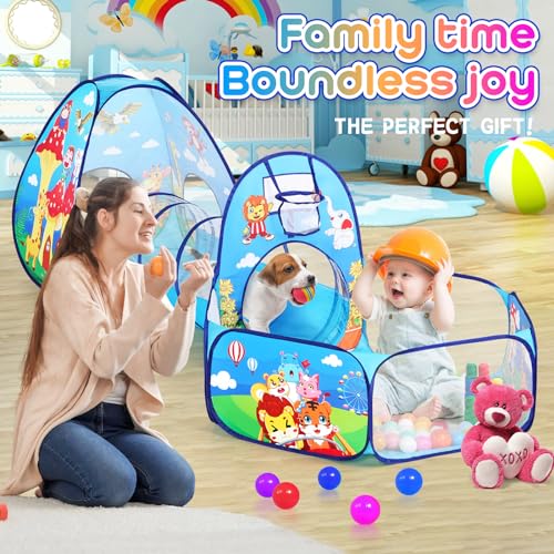 3pc Kids Play Tent with Play Tunnel and Ball Pit, Toddler Tent for Girls and Boys Indoor Playhouse, Gift Toys for Babies (Balls NOT Included) - style: Animals
