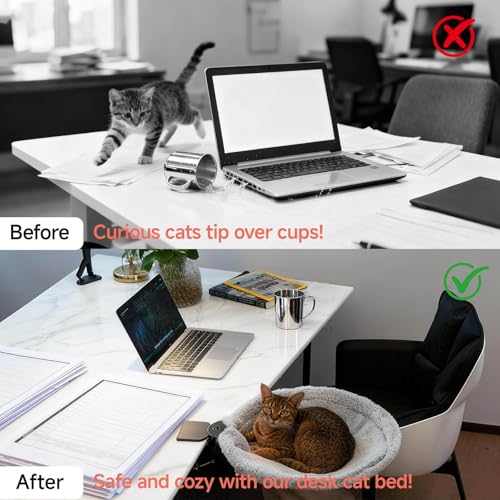 Round Cat Desk Bed, Space-Saving Elevated Pet Hammock for 40lbs Cats & Kittens, All-Season Office Workspace Cat Bed, Sturdy Desk-Mounted Seat with Washable Breathable Fabric, 360 View - color: Flannel-Gray