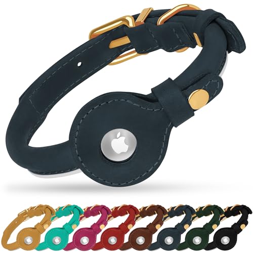 OOPSDOGGY Rolled Leather Dog Collar with Airtag Holder - Reflective Round Airtag Dog Collar - Soft Tracking Pet Collar for Small Dogs Puppy Cats Kitten (Denim, S, 10"-13") - color: Denim, size: S, 10"-13"