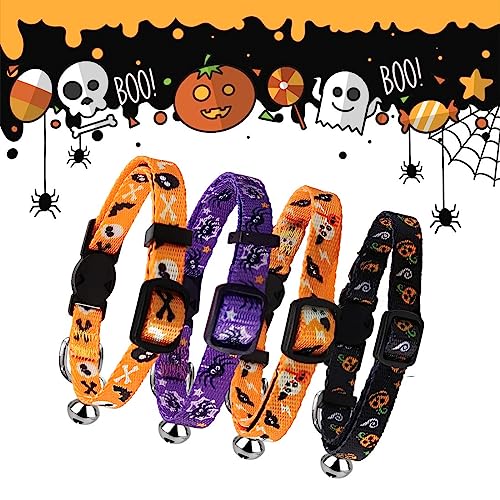 4 Pack Halloween Kitten Collars Breakaway with Bells, Adjustable Cat Collars with Safety Buckle,Adjustable from 6"-8", Skull and Crossbones,Ghosts, Spider and Pumpkin Prints - color: 8#Spider, size: Kitten(Neck:6"-8")