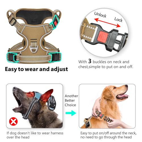 Dog Harness Small Sized, No Pull Pet Harness with Neck Lockable Snap,No Choke Front Clip Dog Reflective Vest,Adjustable Metal Rings 3 Buckles,Easy Control Handle for Small Dogs Khaki S - color: Lock Khaki, size: Small (Pack of 1)