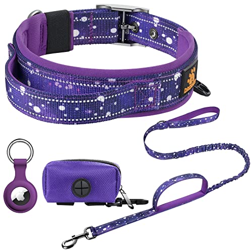DAGANXI Dog Collar Adjustable Soft Neoprene Padded Breathable Reflective Strip Nylon Collar for Small Medium Large Dogs, with Airtags Case and Dog Poop Bags Dispenser (Large, Sky/Purple-Set)