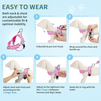 Lukovee No Pull Dog Harness and Leash Set, Soft Padded Small Dog Harness, Neck & Chest Adjustable Reflective Vest Puppy Harness with 4ft Lightweight Anti-Twist Dog Leash for Small Dogs (S, Fuschia) - color: Fuchsia - with Stripe, size: S ( Chest 17.5'' ~