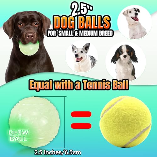 LECHONG 4-Pack 2.5” Glow in The Dark Squeaky Dog Balls, Durable Glowing Bouncy Rubber Fetch Toy Balls for Small Medium Puppy Dogs Nighttime Playing Indoors and Outdoors - size: 2.5in Medium
