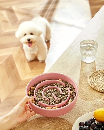 Ceramic Slow Feeder Dog Bowls, 2.0 Cups Slow Feeder for Medium Dogs, Puzzle Maze Bowl to Slow Down Eating, 30oz, 8in, Pink - color: Pink, size: 8 Inches
