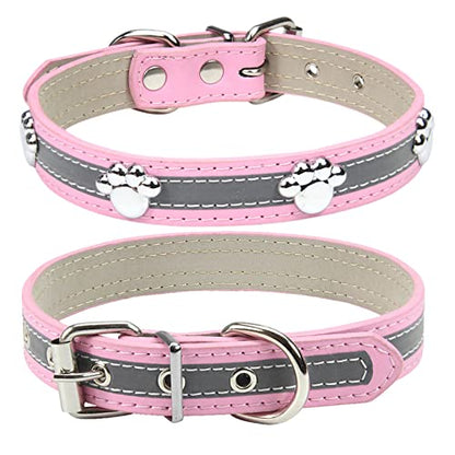 PETCARE Reflective Dog Collar with Cute Paw Rivet Studded Funny Soft PU Leather Adjustable Puppy Dog Collars for Small Medium Large Dogs Cats (Pink,XX-Large) - color: Pink, size: XXL( Neck 17.71"-20.86")