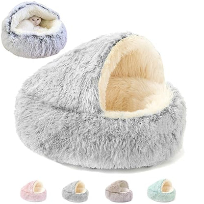 Keep Warm Lapcatz Nest Bed, Cat Bed Round Fluffy Hooded Cat Bed Cave, Anti-Slip Bottom and Machine Washable,Removable Washable Round Beds for Small Medium Pets (Grey,Large) - color: Grey, size: Large