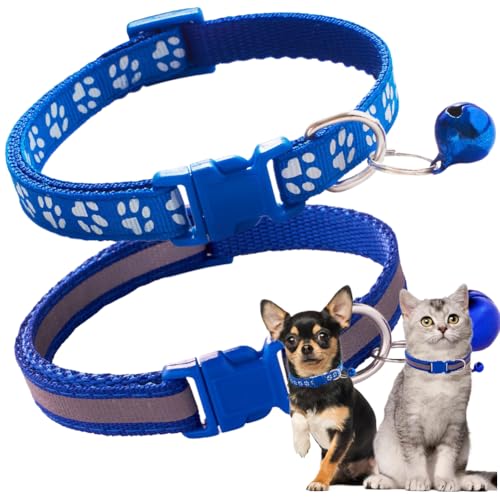 XXS Dog Collar with Bell, 2-Pack Reflective Strip Nylon Boy Cat Collars with Bell,Puppy Collars with Bell Adjustable for XXS XSmall Small Dogs Male Kitten X-Small, Blue - color: Reflective Blue