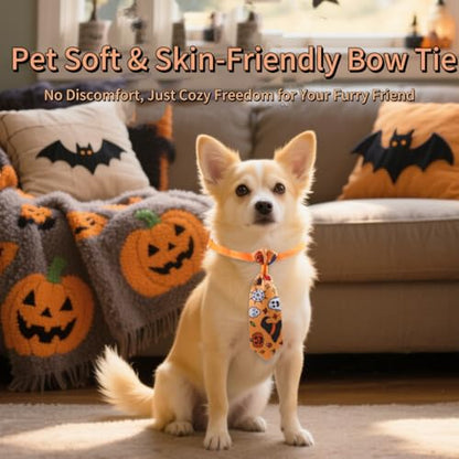 Halloween Cat Bow Tie Collar – Adjustable Pet Neck Tie Costume Accessories for Small Medium Large Dogs & Cats, Cute Pumpkin Bat Ghost Patterns for Holiday Party & Photo Props