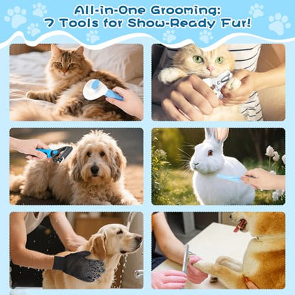 7-in-1 Pet Grooming Kit–Cat Brush,Dog Brush for Shedding,Double-Sided Flea Comb,Dog Nail Trimmers,Dog Bath Supplies–for All Cat and Small/Large Dog Shedding（Blue