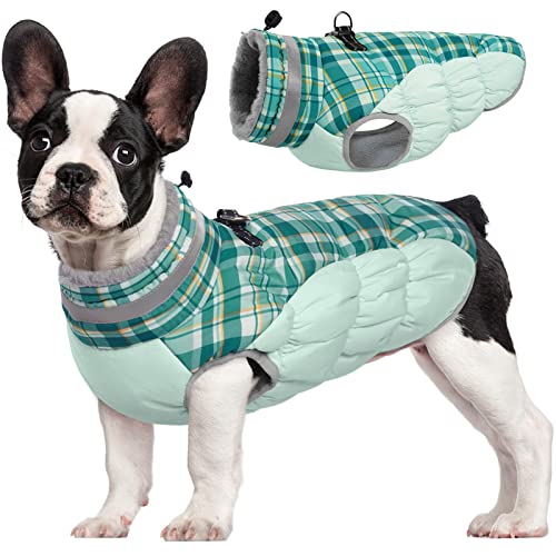 FUAMEY Dog Coat for Small Dogs,Waterproof Dog Winter Jacket with Harness Built in Puppy Cold Weather Coats Reflective Pet Vest with Zipper Warm Fleece Dogs Snowsuit Windproof Green Plaid XS - color: Green Plaid, size: XS(chest:14in)
