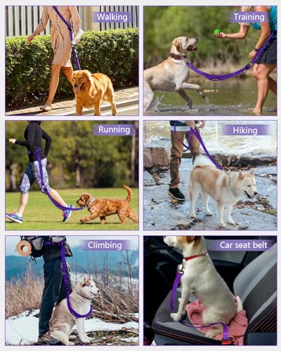 Hands Free Dog Leash, Multifunctional Crossbody Dog Leash, 5.9-9.5Ft Long Waist Belt with Car Seatbelt and Double-Sided Reflective Stitches for Medium and Large Dogs Walking, Jogging(Purple) - color: Purple, size: Large-5.9-9.5ft
