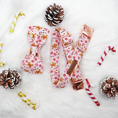 Elegant little tail Dog Collar with Bow - Pink Christmas Gingerbread Man Pet Collars Bow Boy Girl Bowtie Pet Adjustable Dog Collar for Small Medium Large Dogs - color: Gingerbread Man, size: X-Small (Pack of 1)