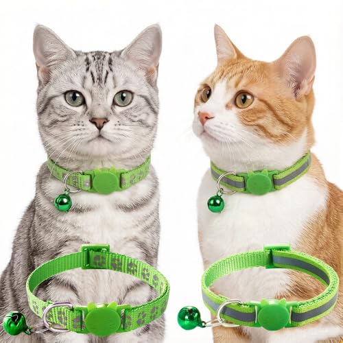 Fluorescent Cat Collar with Bells, 2 Pack Break Away Kitten Collar with Bells, Breakaway Cat Collar for Girl Cats Kitty Adjustable 7.5-12.5 Inch - color: Green