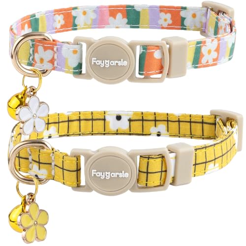 Faygarsle 2 Pack Striped Plaid Floral Pattern Cat Collars Breakaway Safety Collar with Bell Spring Summer Design for Girl Cats,Yellow Multicolor - color: Striped Plaid Floral