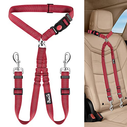 Lukovee Double Dog Seat Belt, New Dual Pet Car Headrest Restraint Safety Seatbelt No Tangle Dog Leash Duty Adjust Elastic Bungee Puppy Lead Splitter Connect Harness in Vehicle Travel for 2 Dogs (Red) - color: Red