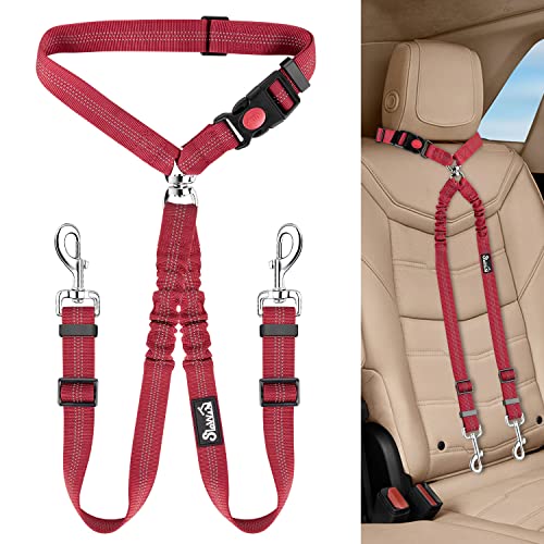 Lukovee Double Dog Seat Belt, New Dual Pet Car Headrest Restraint Safety Seatbelt No Tangle Dog Leash Duty Adjust Elastic Bungee Puppy Lead Splitter Connect Harness in Vehicle Travel for 2 Dogs (Red) - color: Red