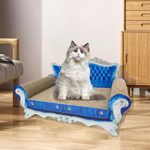 Luxury Cardboard Cat Scratcher Sofa Bed, Couch Shaped Cat Scratching Board, Scratch Lounge with Catnip, Scratcher for Indoor Cats Kittens Kitties - color: Blue Crown