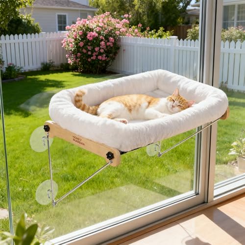 HoneyGuardian Cat Window Prech,Metal Support from Below with 4 Suction Cups, with Plush Cushion, Cat Window Hammock for Large Cats and Kittens - size: Upgrade