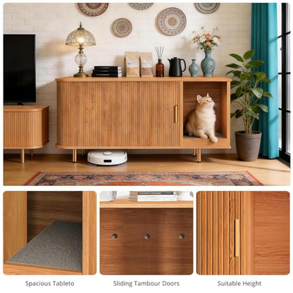 DHH Cat Litter Box Enclosure with Scratch Pad, Sliding Door, 38.5" Cat Litter Furniture Hidden Litter Box Cabinet, Modern Indoor Cat House, TV Stand, Side End Table for Living Room(Yellow Walnut) - color: Yellow oak
