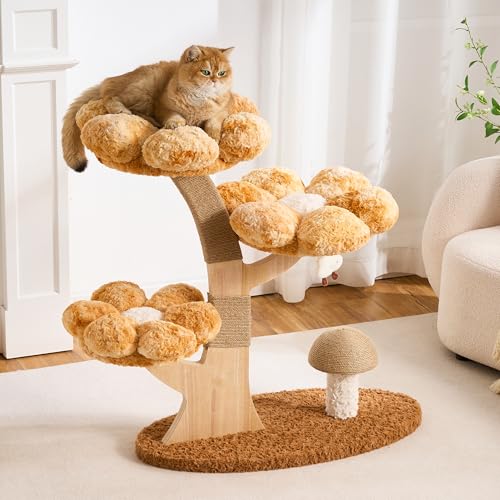 Modern Cat Tree Tower for Indoor Cats Large Adult, 37 inch Brown Flower Cat Tree with Scratching Post, Luxury Aesthetic Cat Tree with Cloud-Soft Flower Perches and Physical Mouse-Sound Hanging Toy - color: caramel orange, size: 37 inch-Mushroom Scratcher