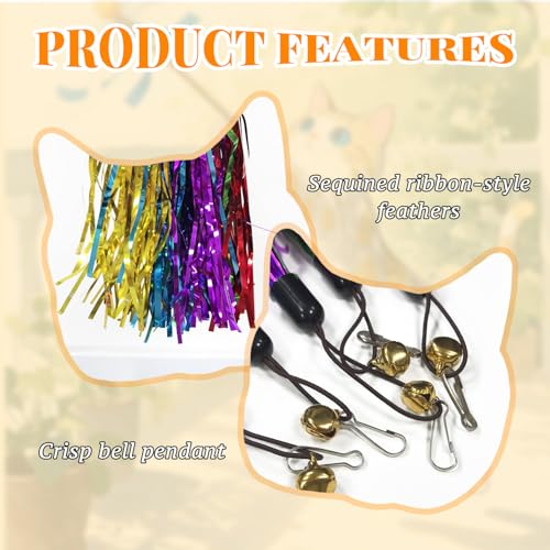 BOROLA 5PCS Cat Teaser Stick Replacement Head Colorful Crinkle Paper & Bells, Attractive Interactive Cat Wand Toy Refills, Crinkle Feather Toys for Kittens and Adult Cats(5 Color)