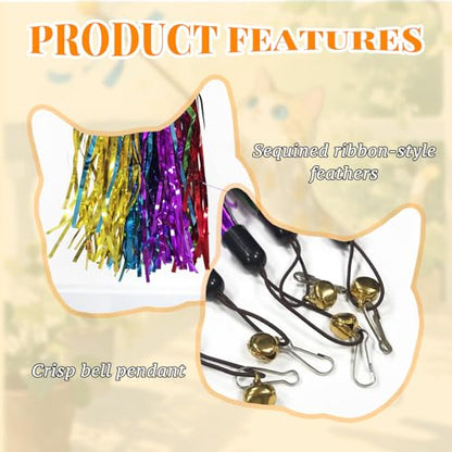 BOROLA 5PCS Cat Teaser Stick Replacement Head Colorful Crinkle Paper & Bells, Attractive Interactive Cat Wand Toy Refills, Crinkle Feather Toys for Kittens and Adult Cats(5 Color)
