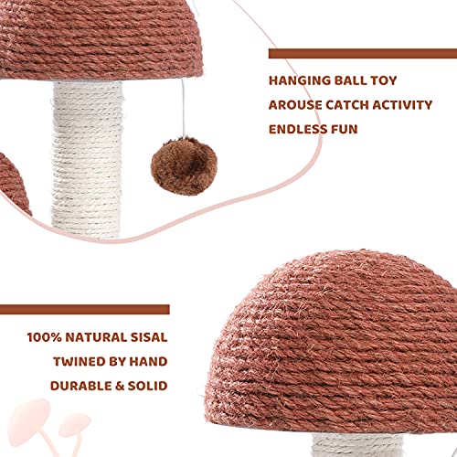 PETEPELA Cat Scratching Post, Mushroom Tall Cat Scratcher Featuring with Natural Sisal Scratching Poles and Interactive Toy Ball for Kittens and Small Cats (Brown) - color: Mushroom Brown, size: 18.9"