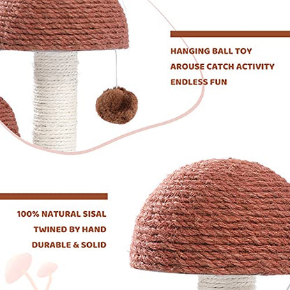 PETEPELA Cat Scratching Post, Mushroom Tall Cat Scratcher Featuring with Natural Sisal Scratching Poles and Interactive Toy Ball for Kittens and Small Cats (Brown) - color: Mushroom Brown, size: 18.9"