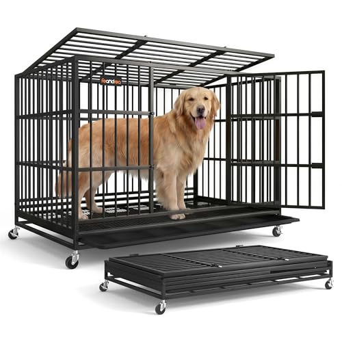 Feandrea Heavy-Duty Dog Crate, 5-Minute Quick Assembly, Foldable Dog Kennel Cage with Lockable Wheels, Double Doors, Escape Proof Fixed Bottom, Removable Tray, Easy to Clean, Ink Black, 48 Inch - size: 48.0"L x 29.5"W x 34.6"H