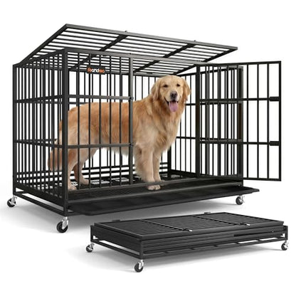 Feandrea Heavy-Duty Dog Crate, 5-Minute Quick Assembly, Foldable Dog Kennel Cage with Lockable Wheels, Double Doors, Escape Proof Fixed Bottom, Removable Tray, Easy to Clean, Ink Black, 48 Inch - size: 48.0"L x 29.5"W x 34.6"H