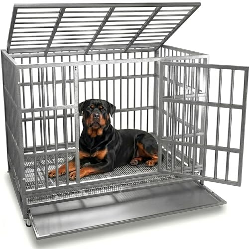 Oranland 38 Inch Heavy Duty Indestructible Dog Crate,Escape-Proof Dog Cage for High Anxiety Dogs,XL Dog Crate for Large Dogs with Sturdy Locks,Double Door,Removable Wire Tray and Wheels - color: Silver/38 inch