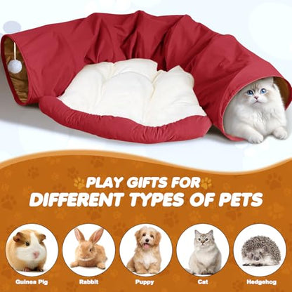 Spardar Bunny Tunnel Bed, 2-in-1 Collapsible Tunnel Tubes Toys, Washable, with Removable Mat Hideout, Interactive Toys for Rabbits Chinchilla Hedgehog Guinea Pigs Kitty, Red - color: Red
