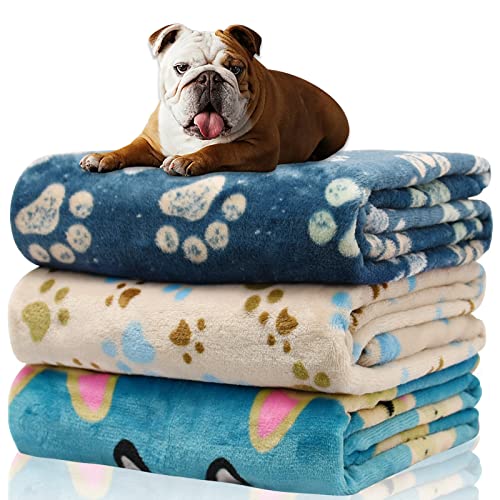 Rezutan Dog Blanket for Medium Dogs, 1 Pack 3 Premium Soft Cat Puppy Blankets, 30x20 inch, Flannel Cute Paw Print for Small Kitten Kennel Crate Bed, Blue/Beige/Navy Blue - color: Blue/Beige/Navy Blue(pack of 3), size: Medium,30x20Inch