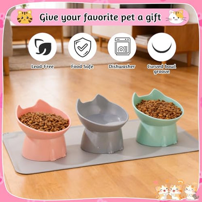 3 Pcs Elevated Cat Bowls 15°Raised Cat Food Bowl with Silicone Mat Whisker Friendly Anti Vomiting Cats Dishes Pet Food and Water Bowls for Indoor Cats Kittens, Pink, Green, Gray - color: Pink, Green, Gray