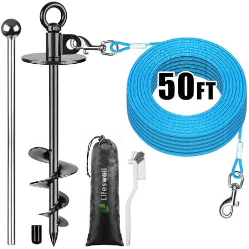 Dog Tie Out Cable and Stake, 50ft Dog Lead, 15" Heavy Duty Dog Anchor for Dogs Up to 125lbs, No Tangle, Dog Runner for Yard and Camping - color: Black-A, size: 50ft rope + stake