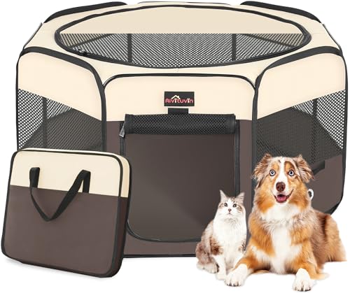 Aivituvin Dog Playpen, Foldable Pet Play Pens with Carrying Bag for Cat, Puppies, Rabbits, Portable Dog Tent Crates Cage for Travel Camping Indoor Outdoor, Removable Shade Cover, Brown M - color: BROWN, size: M