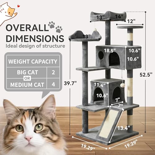 Pawly 52.5" Large Cat Tree with 2 Condos & Sisal Ramp, Premium CARB P2-Compliant Particle Board, 350G Plush Sturdy Cat Tower for Large Breeds, Senior Cats & Multi-Cat Household, Gray