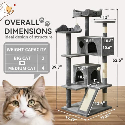 Pawly 52.5" Large Cat Tree with 2 Condos & Sisal Ramp, Premium CARB P2-Compliant Particle Board, 350G Plush Sturdy Cat Tower for Large Breeds, Senior Cats & Multi-Cat Household, Gray