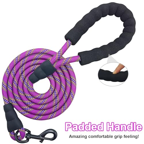 Heavy Duty Rope Dog Leash, 3/4/5/6/7/8/10/12/15 FT Nylon Pet Leash, Soft Padded Handle Thick Lead Leashes for Large Medium Dogs (Purple, 1/2" * 8') - color: purple, size: 1/2" * 8'
